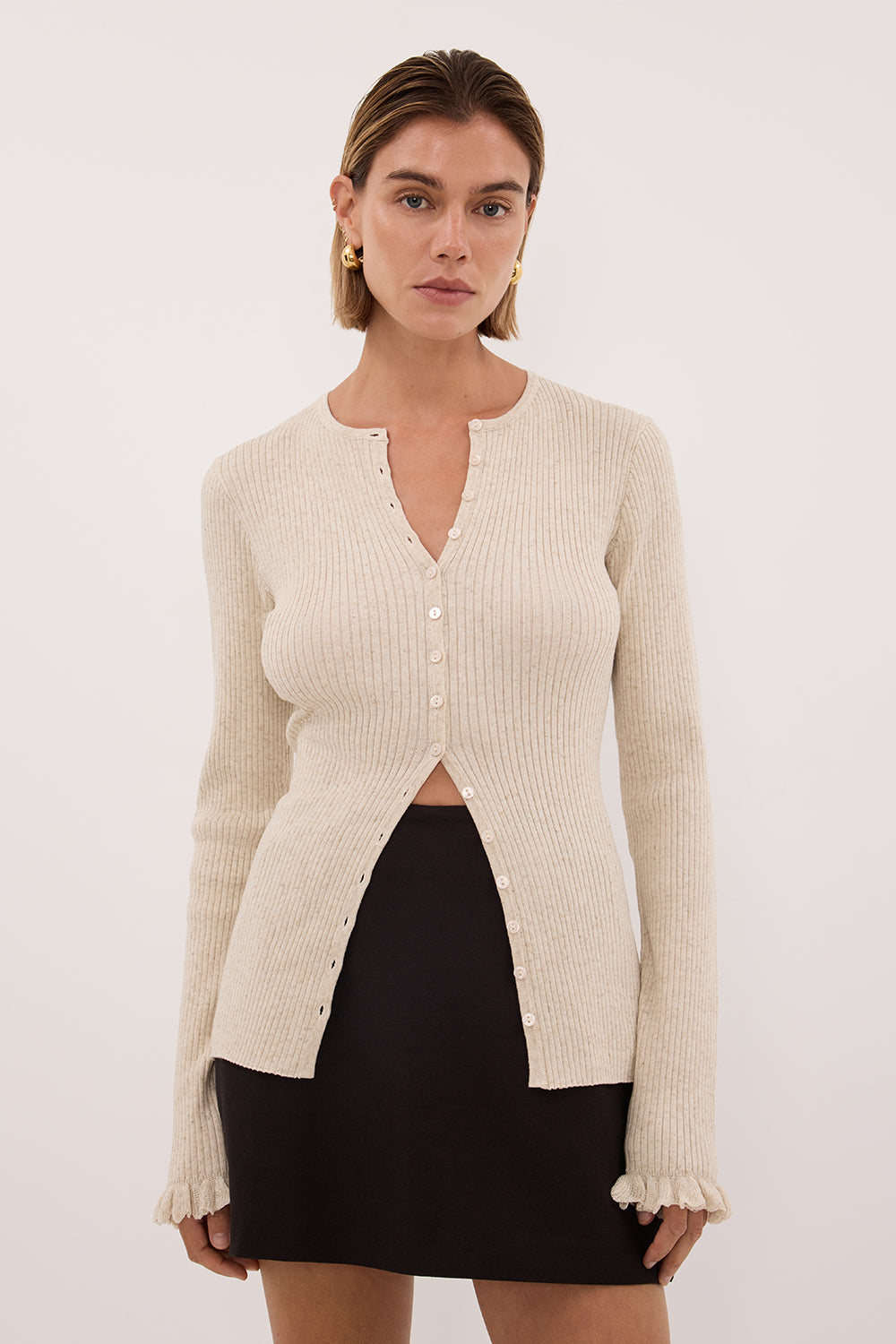 KAIA NATURAL RUFFLE KNIT CARDIGAN