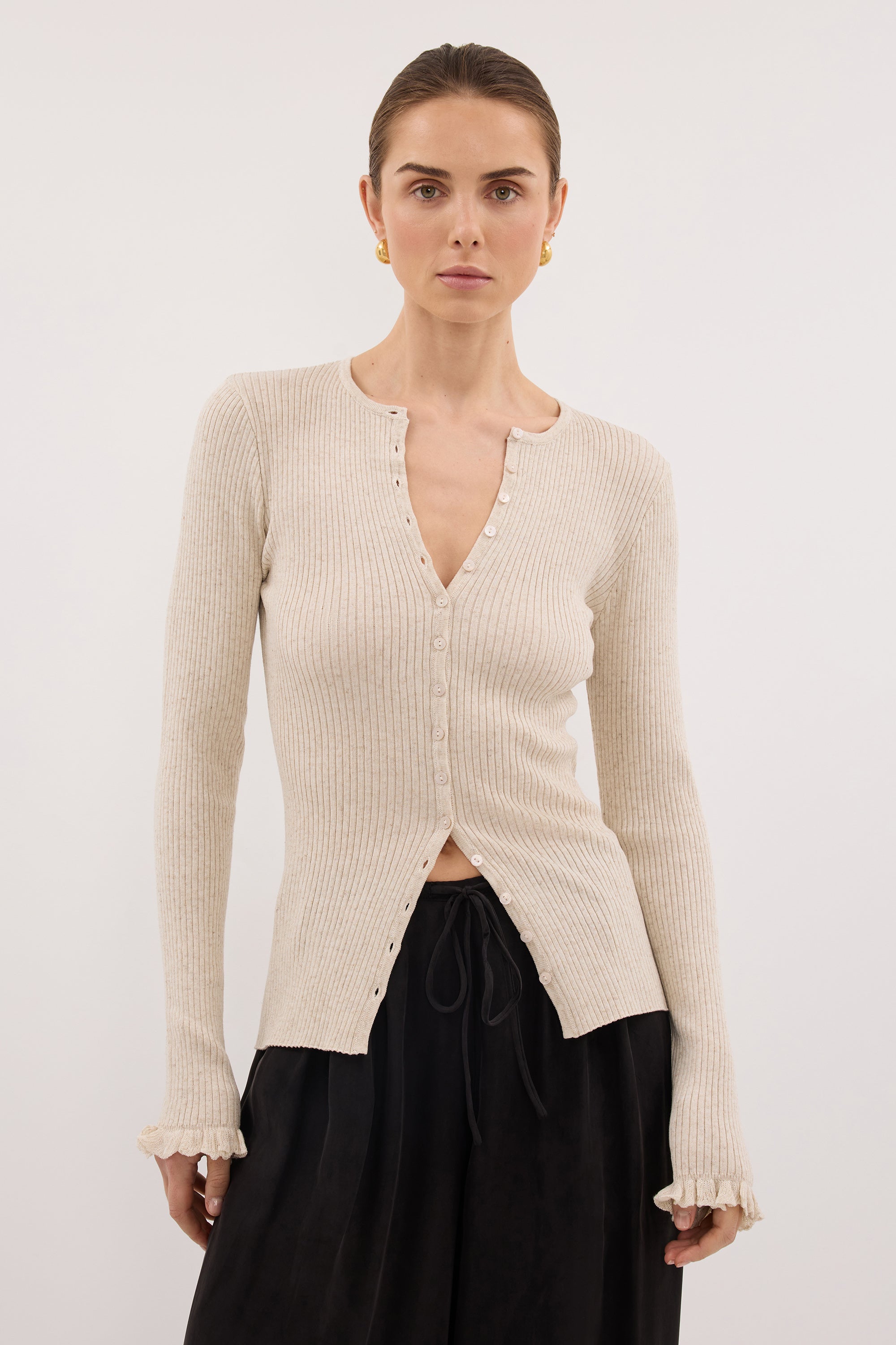 KAIA NATURAL RUFFLE KNIT CARDIGAN