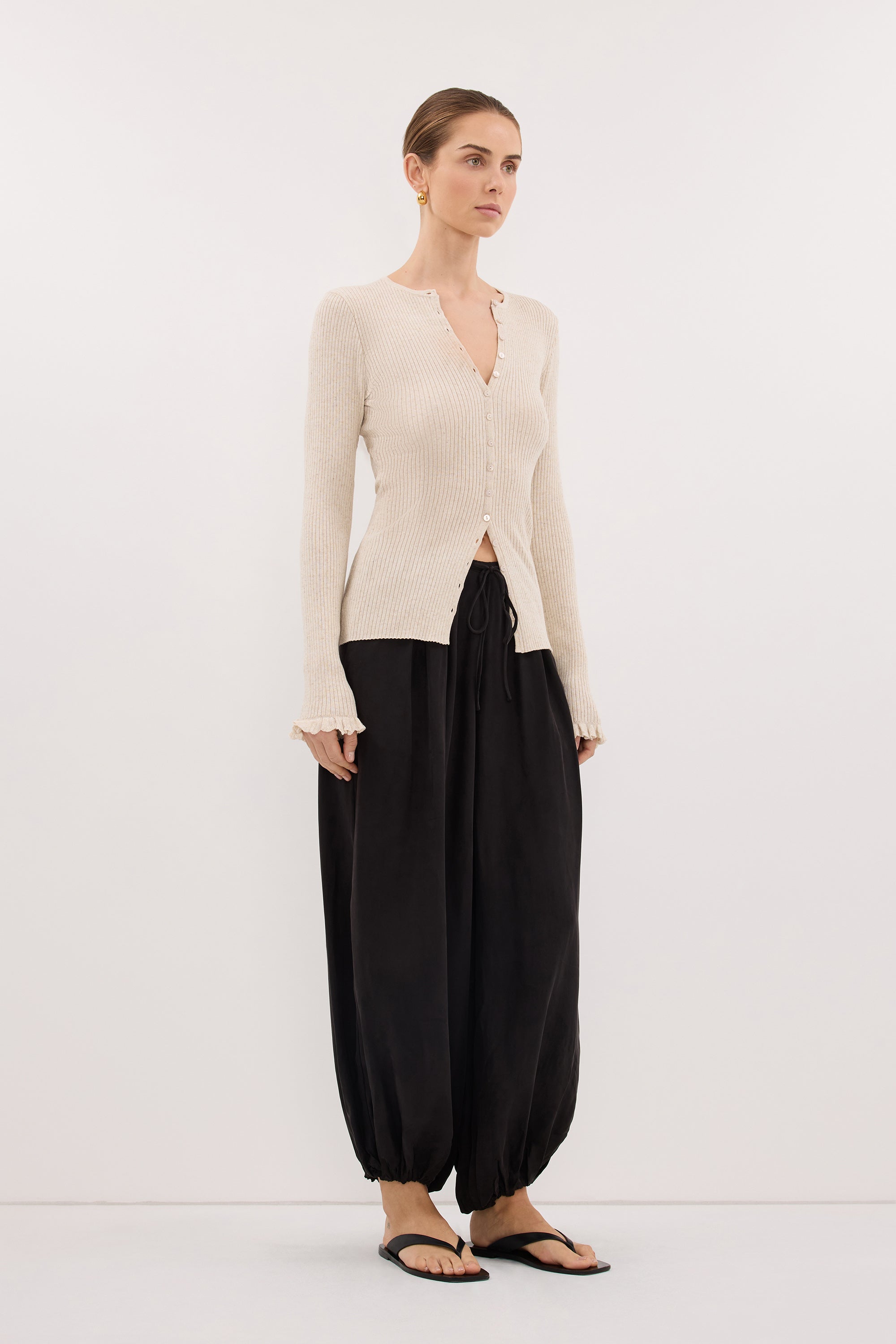 KAIA NATURAL RUFFLE KNIT CARDIGAN