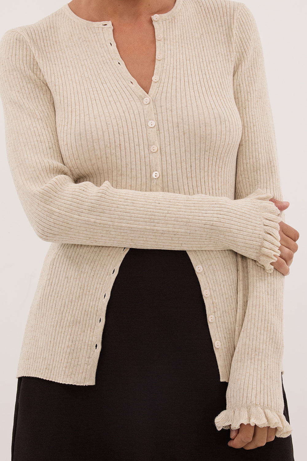 KAIA NATURAL RUFFLE KNIT CARDIGAN