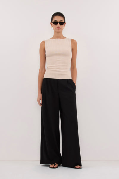 Aude wearing DOVE STONE SLEEVELESS RIBBED KNIT TANK