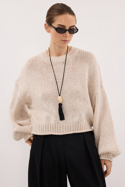 Stas wearing ROSA CHALK CROPPED KNIT JUMPER