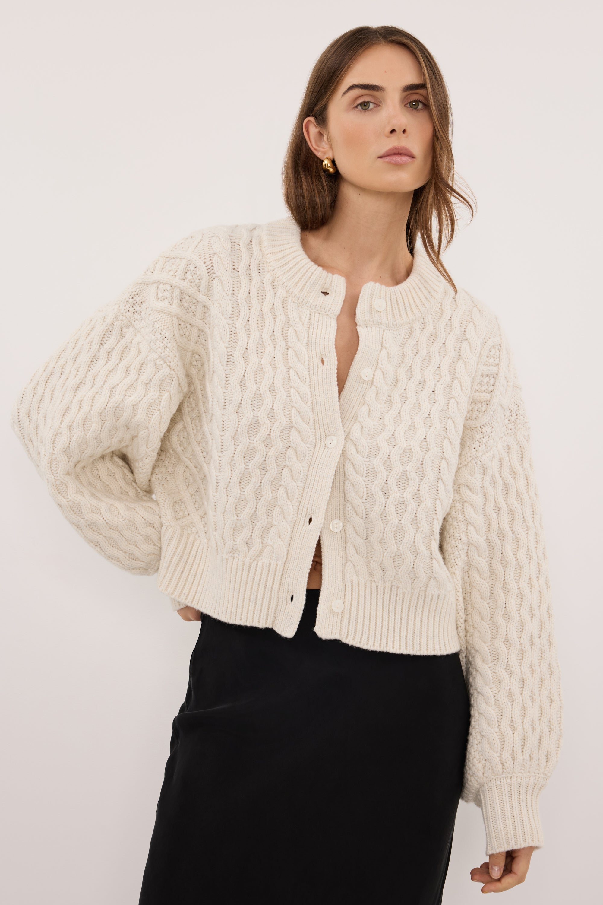 CARMEN IVORY CABLE KNIT CARDIGAN – DISSH