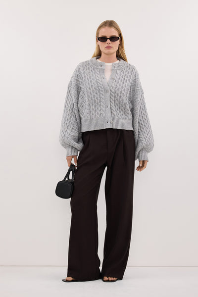 Zoe wearing CARMEN SILVER CABLE KNIT CARDIGAN