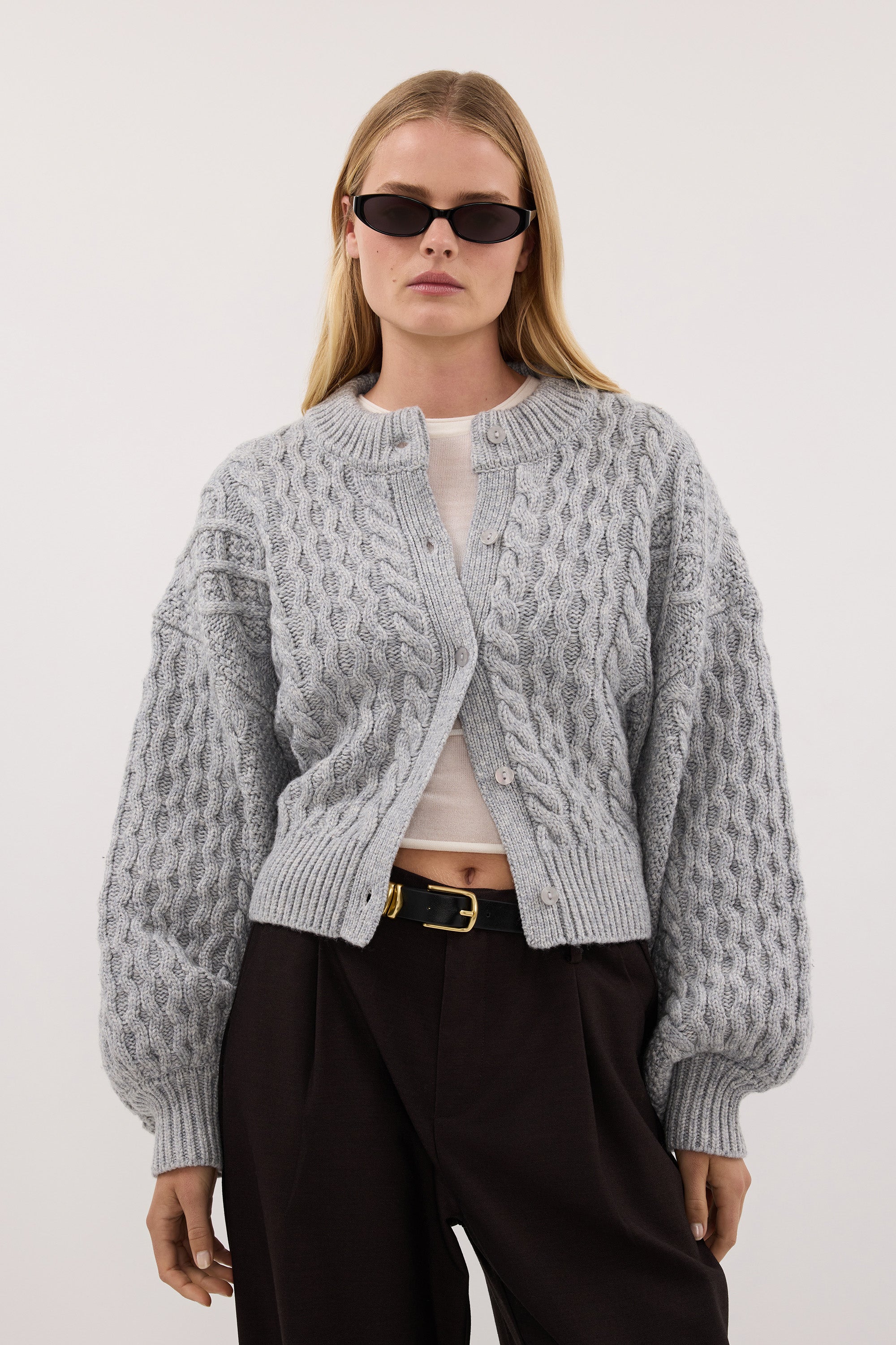 CARMEN SILVER CABLE KNIT CARDIGAN