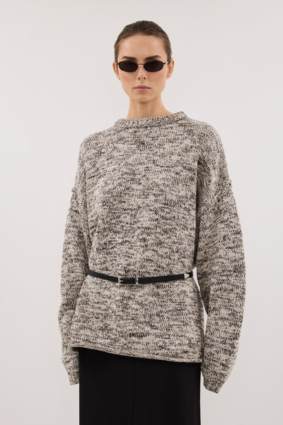 Stas wearing JETT CHOC MARLE LONGLINE KNIT JUMPER