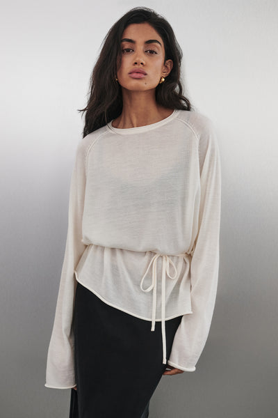 Anaya wearing DUKE OFF WHITE TIE MERINO KNIT TOP