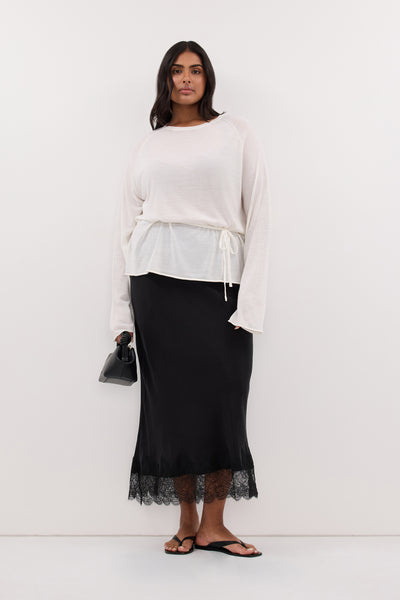 Shanaya wearing DUKE OFF WHITE TIE MERINO KNIT TOP