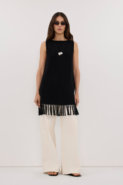 Helena wearing BENETTE BLACK FRINGE TUNIC TOP