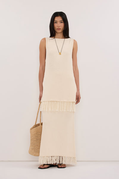 Zoey wearing BENETTE NATURAL FRINGE TUNIC TOP