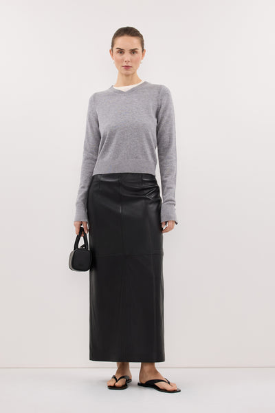 Stas wearing LIVIA GREY MARLE KNIT V NECK JUMPER