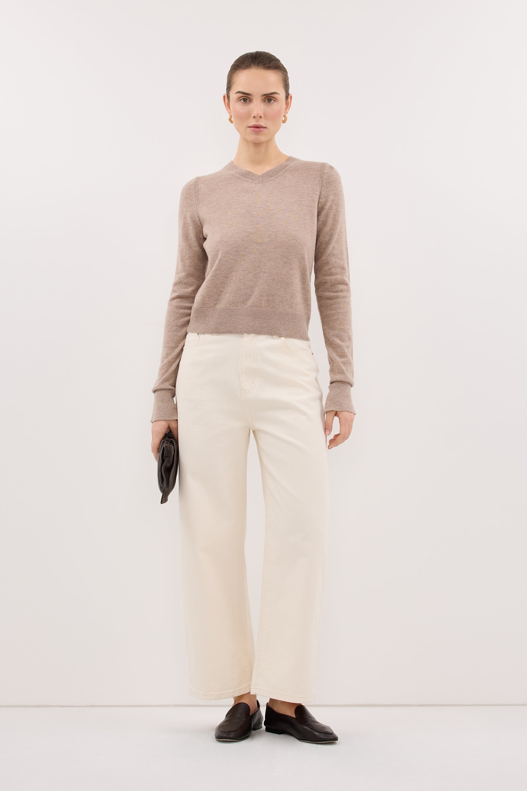 LIVIA OAT MARLE KNIT V NECK JUMPER