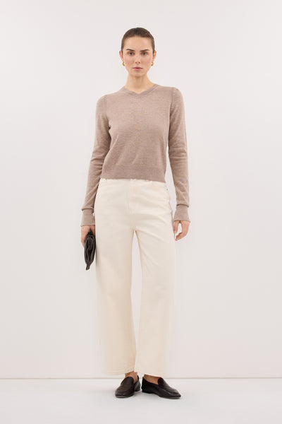 Stas wearing LIVIA OAT MARLE KNIT V NECK JUMPER