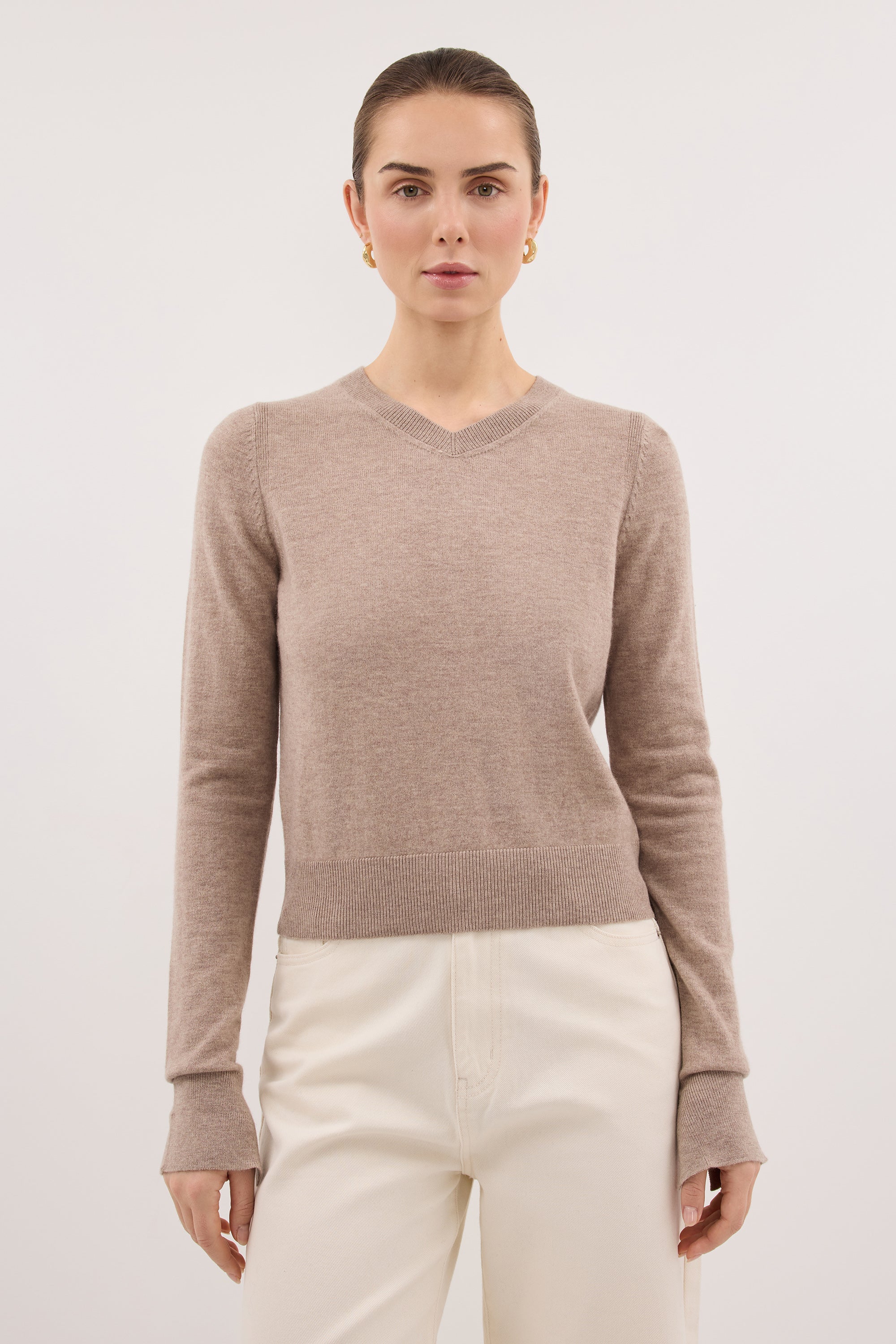 LIVIA OAT MARLE KNIT V NECK JUMPER