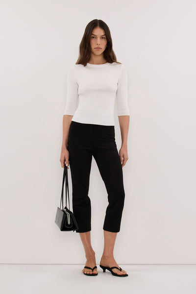 Helena wearing SILVIA WHITE 3/4 SLEEVE KNIT TEE