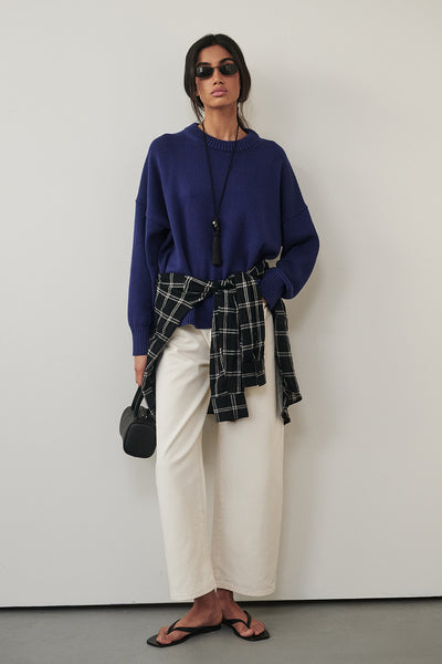 Anaya wearing CECILIA COBALT CREW NECK JUMPER