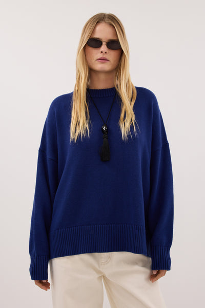 Zoe wearing CECILIA COBALT CREW NECK JUMPER