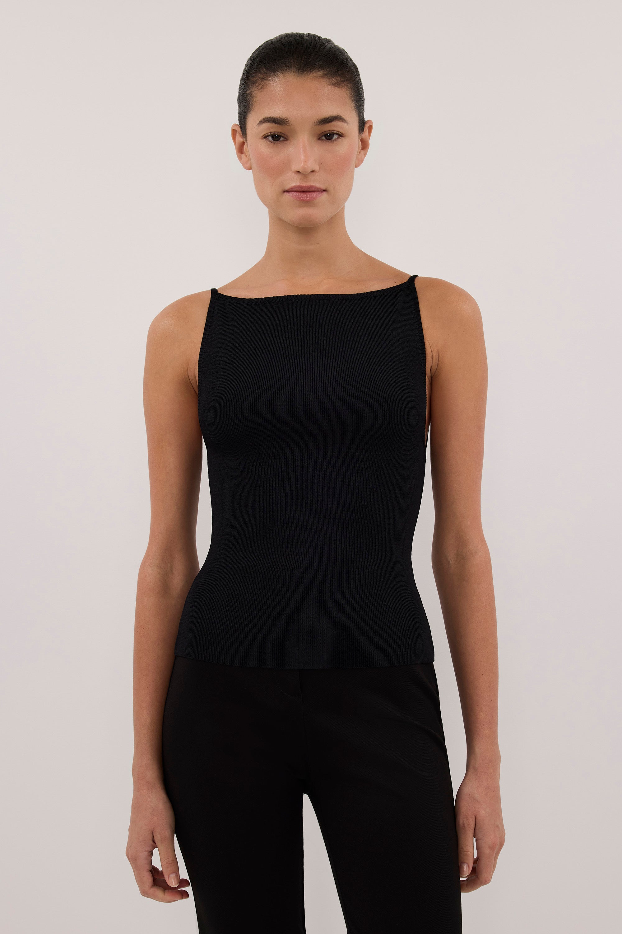 VIREYA BLACK BOAT NECK KNIT TOP