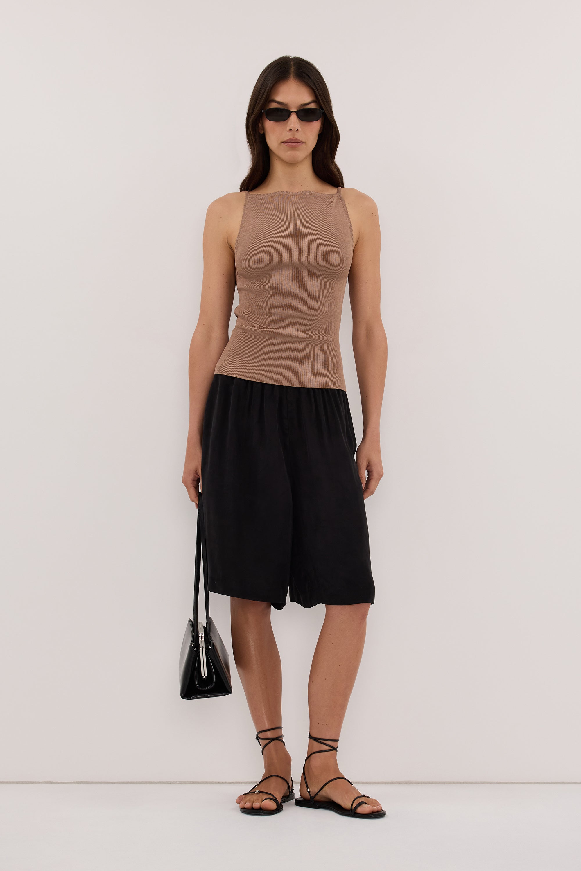VIREYA CAMEL BOAT NECK KNIT TOP