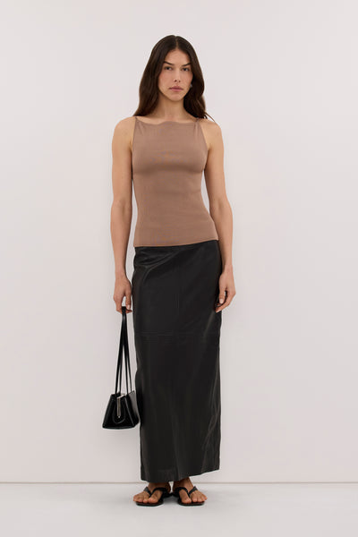 Helena wearing VIREYA CAMEL BOAT NECK KNIT TOP