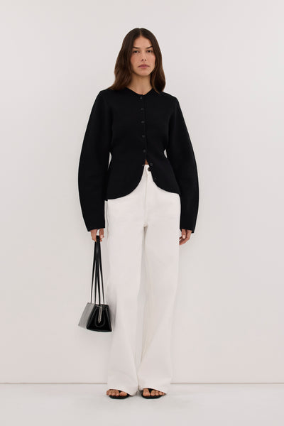 Helena wearing ELIZA BLACK CINCHED CARDIGAN