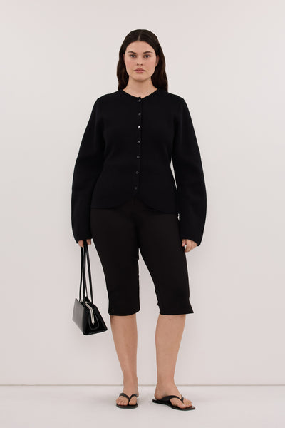 Jasmine wearing ELIZA BLACK CINCHED CARDIGAN