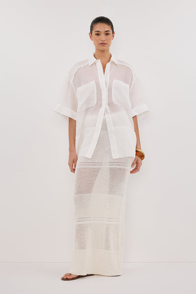 Aude wearing HALLIE OFF WHITE CROCHET MAXI SKIRT