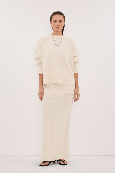 Stas wearing PAIGE CREAM WOOL KNIT MIDI SKIRT