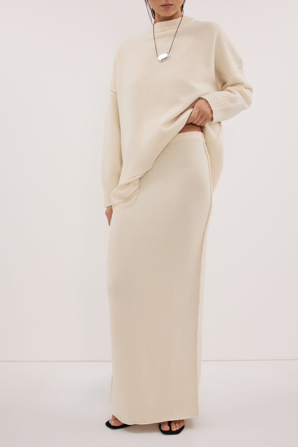 PAIGE CREAM WOOL KNIT MIDI SKIRT