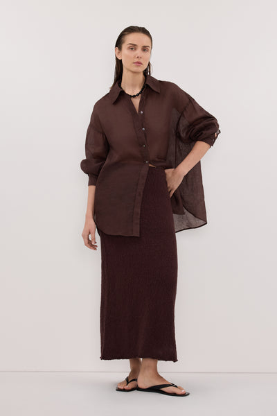 Stas wearing DINA CHOC KNIT MIDI SKIRT