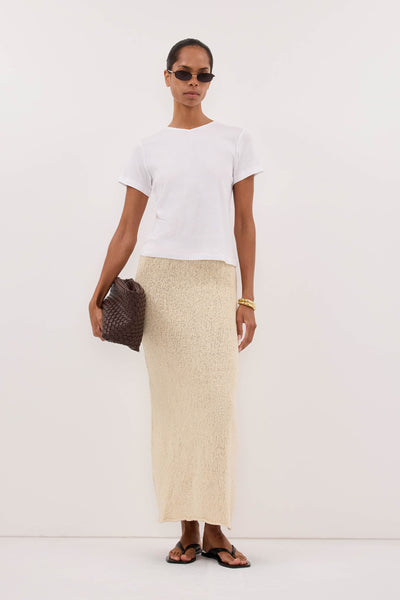 Kristen wearing DINA NATURAL KNIT MIDI SKIRT