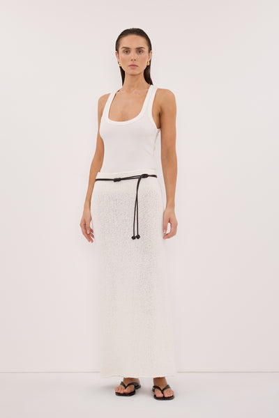 Stas wearing DINA OFF WHITE KNIT MIDI SKIRT