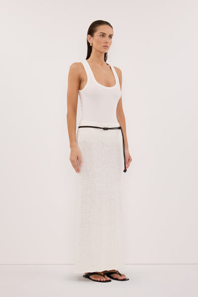 Stas wearing DINA OFF WHITE KNIT MIDI SKIRT