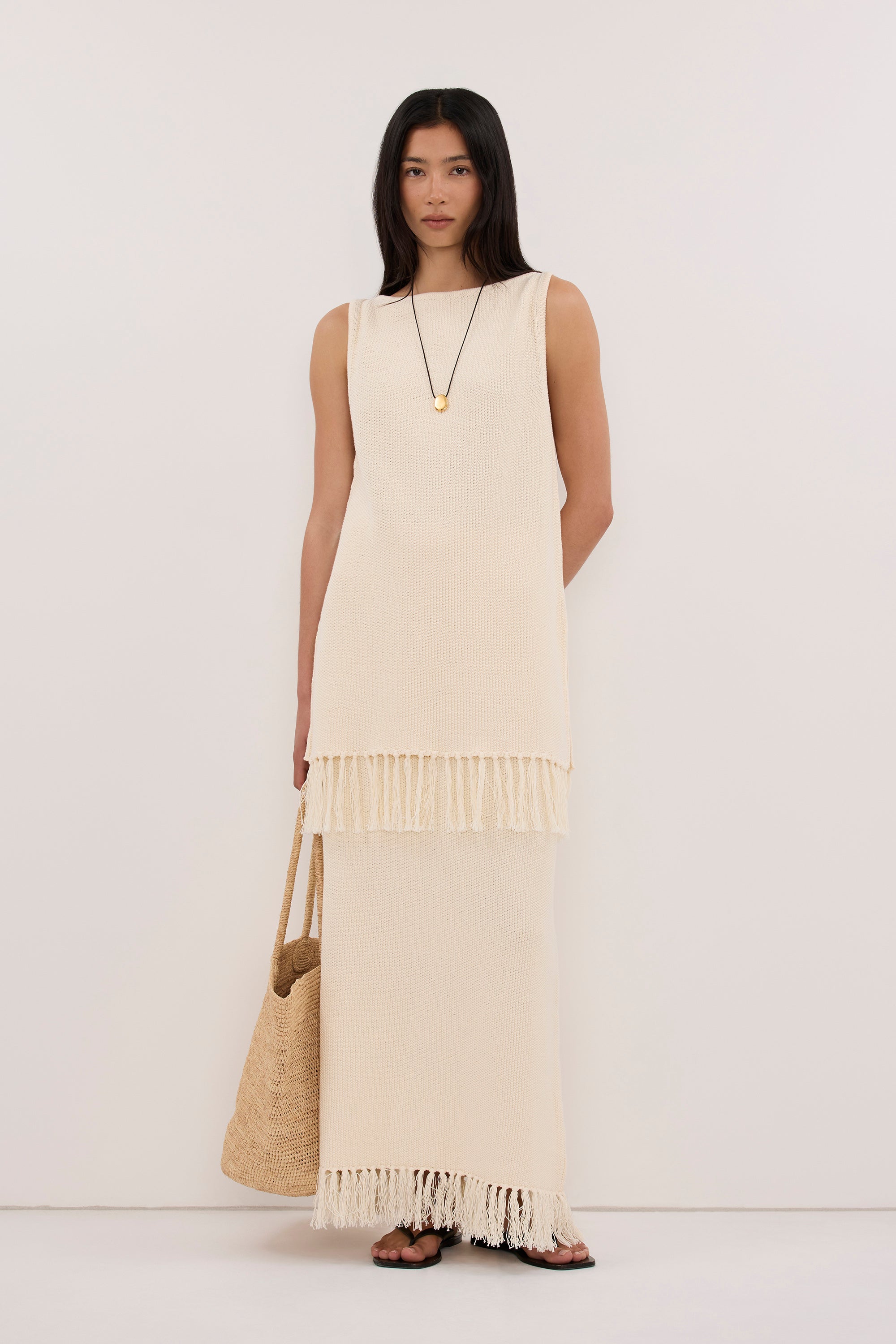 BENETTE NATURAL FRINGE COLUMN MAXI SKIRT