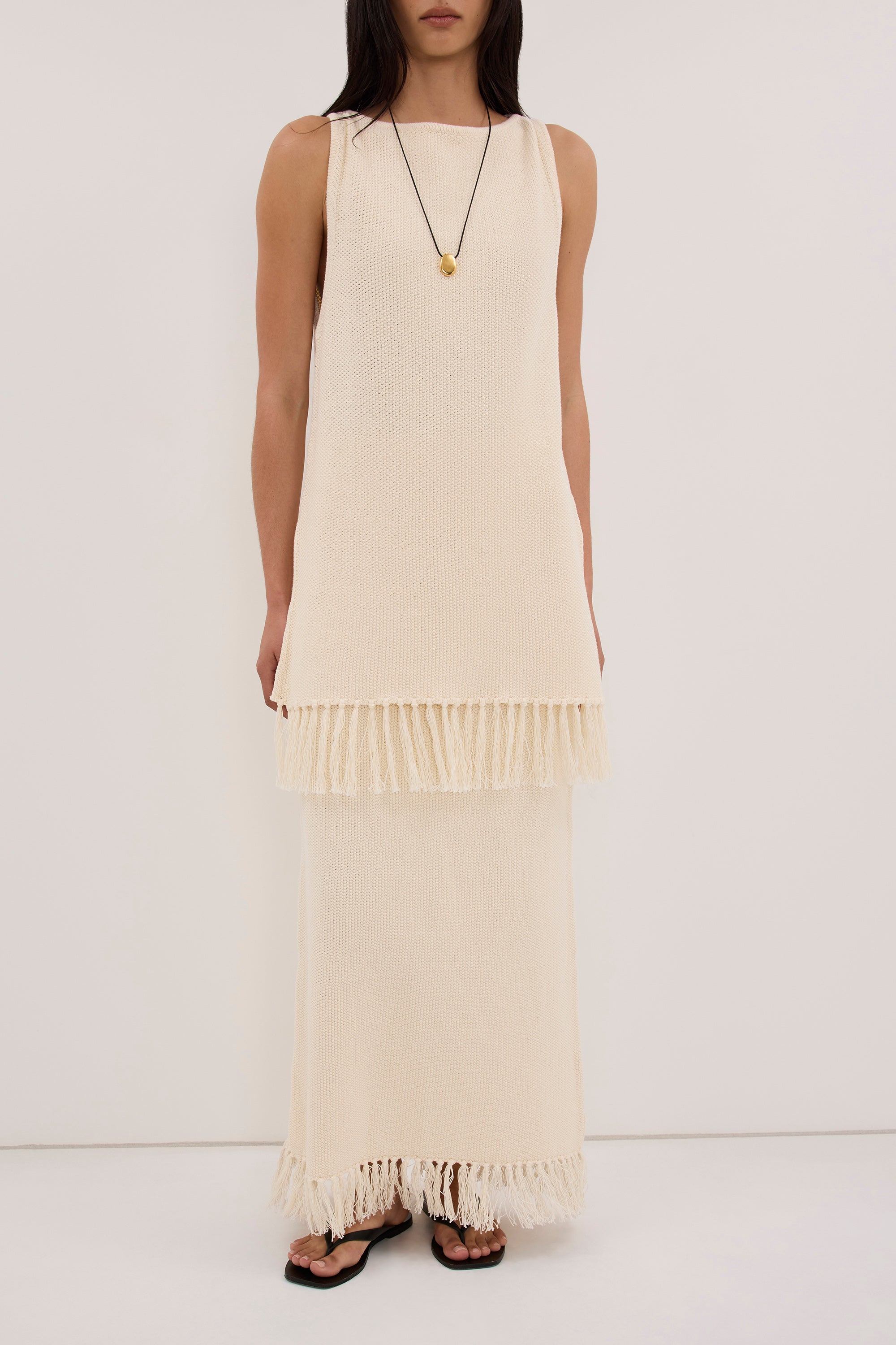 BENETTE NATURAL FRINGE COLUMN MAXI SKIRT