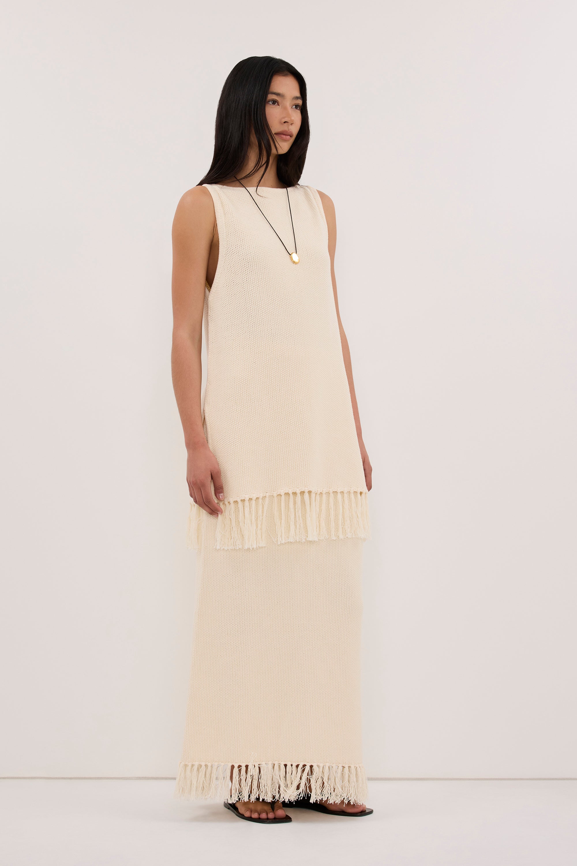 BENETTE NATURAL FRINGE COLUMN MAXI SKIRT