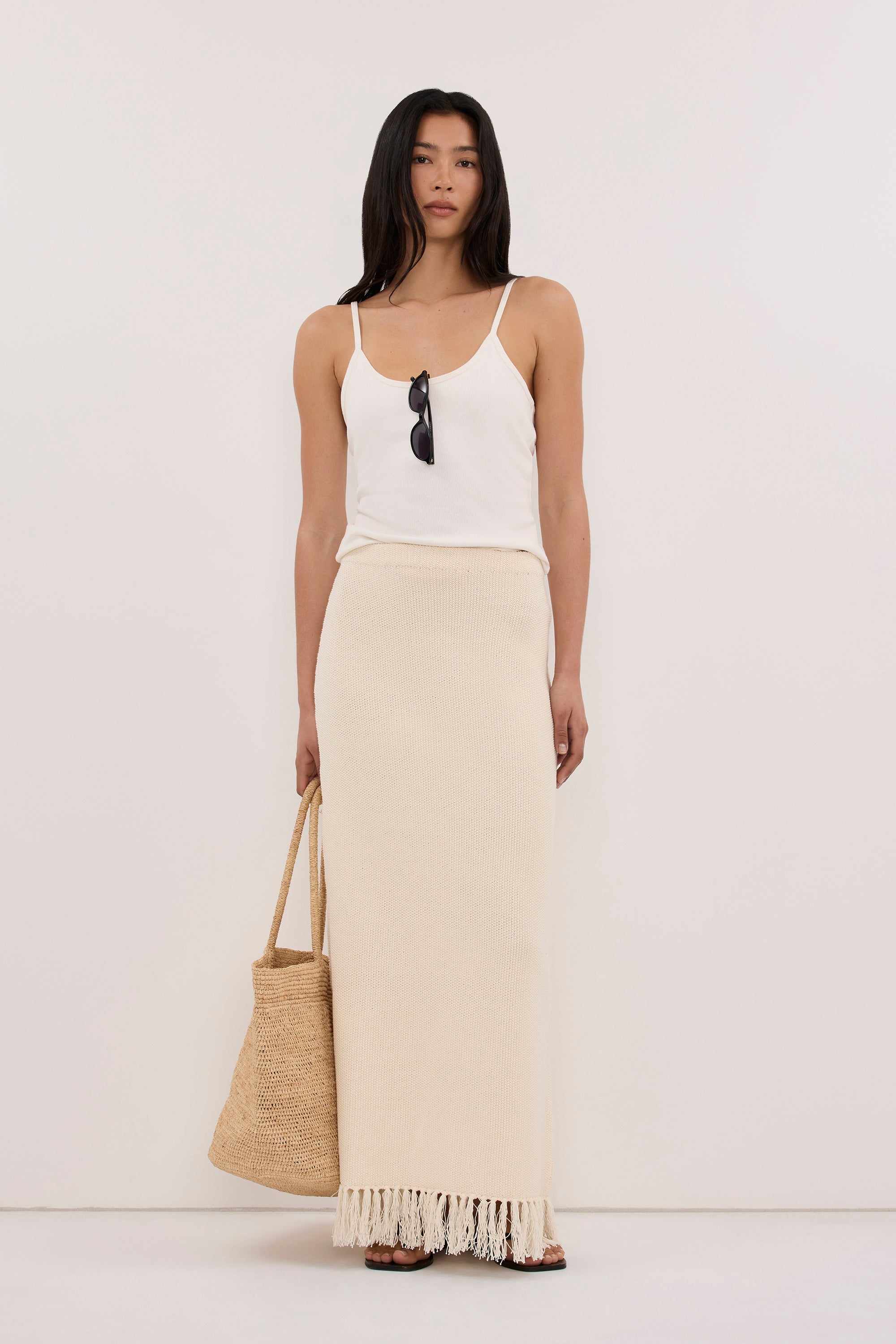BENETTE NATURAL FRINGE COLUMN MAXI SKIRT