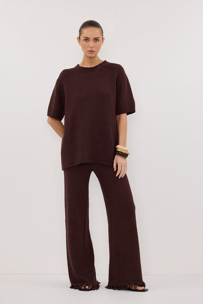 Stas wearing SUE CHOC FRINGE KNIT PANT