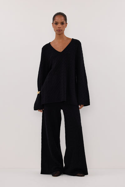 Kristen wearing MAREN BLACK CABLE KNIT PANT