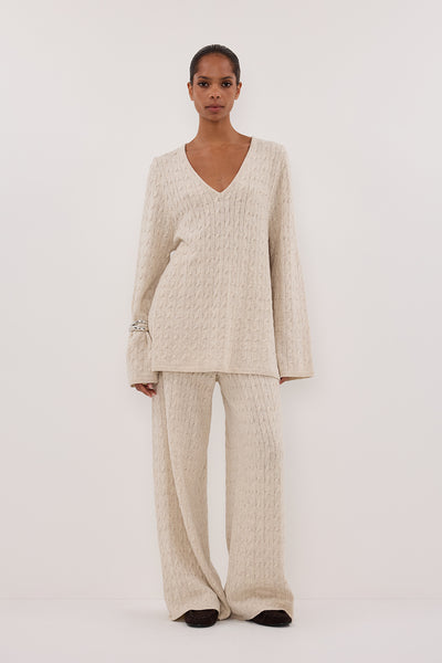 Kristen wearing MAREN CHALK CABLE KNIT PANT