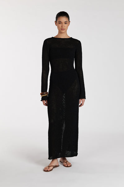 Aude wearing MARGOT BLACK CREW NECK DRESS