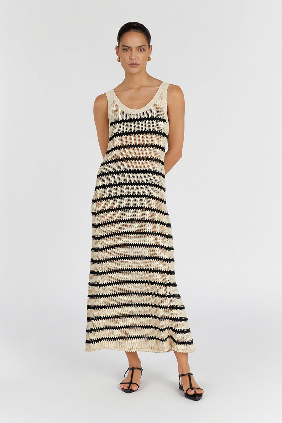 MARGOT WHEAT STRIPE KNIT MIDI DRESS