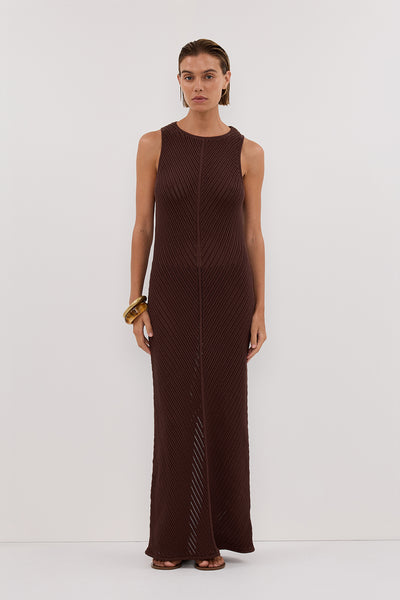 Joanna wearing BLOOM CHOC CROCHET MAXI DRESS