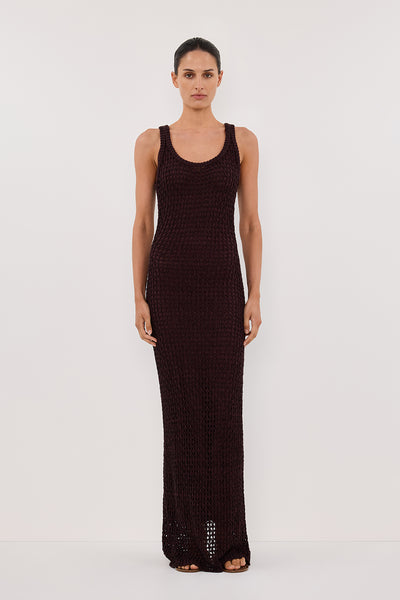 Adrienne wearing TESS CHOC CROCHET KNIT MAXI DRESS