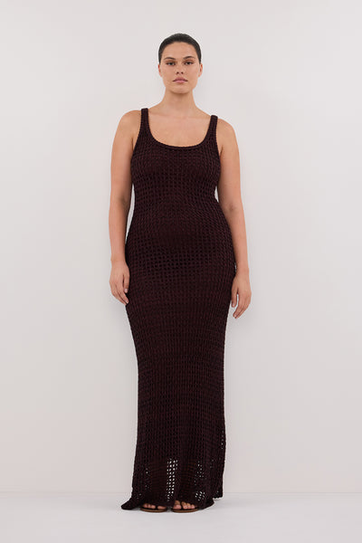 Jasmine wearing TESS CHOC CROCHET KNIT MAXI DRESS