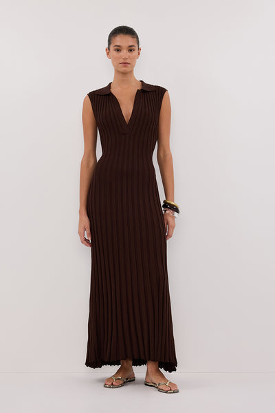 Aude wearing HAL CHOC SLEEVELESS KNIT MAXI DRESS