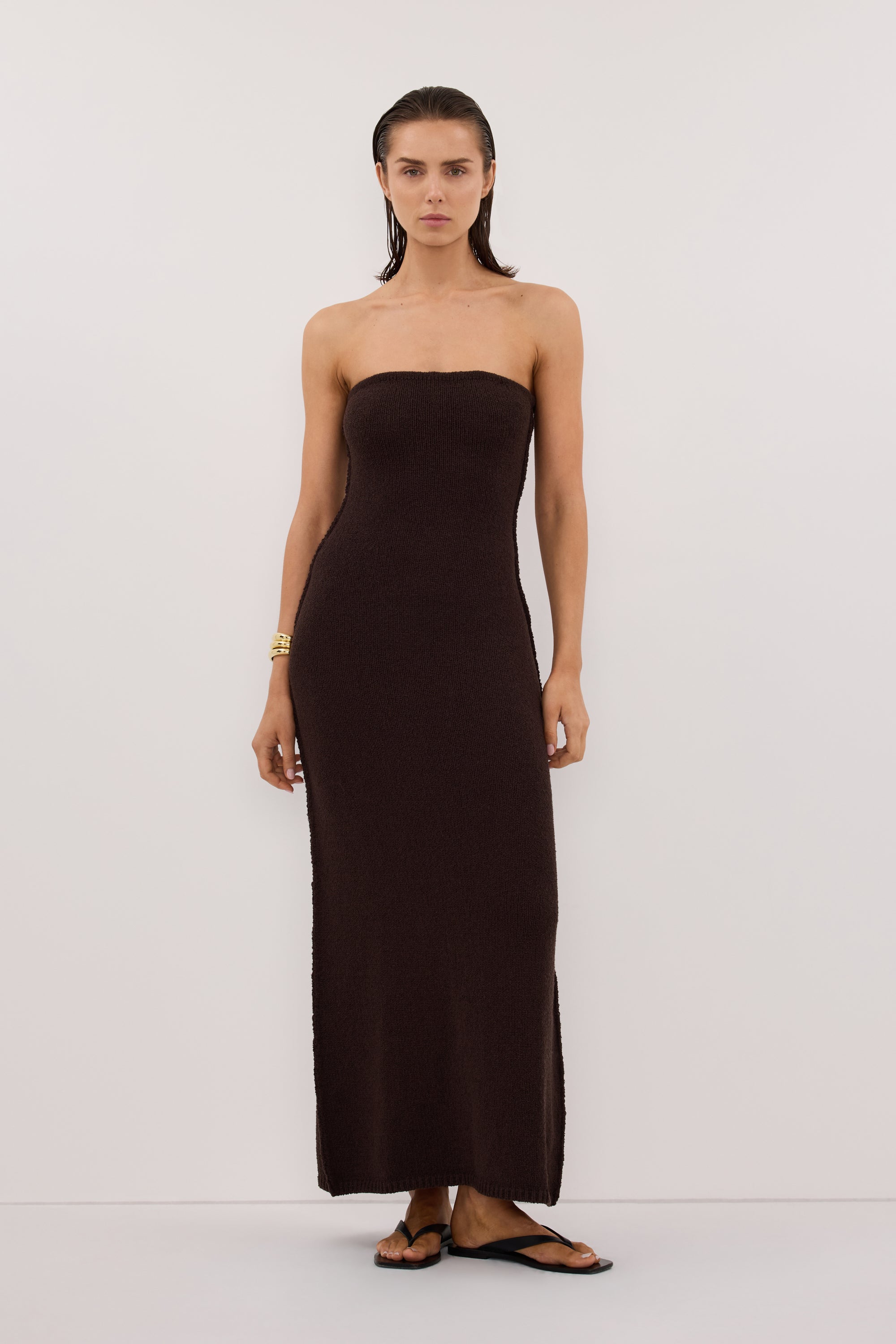 Kara Strapless Knit Midi Dress in Chocolate By DISSH