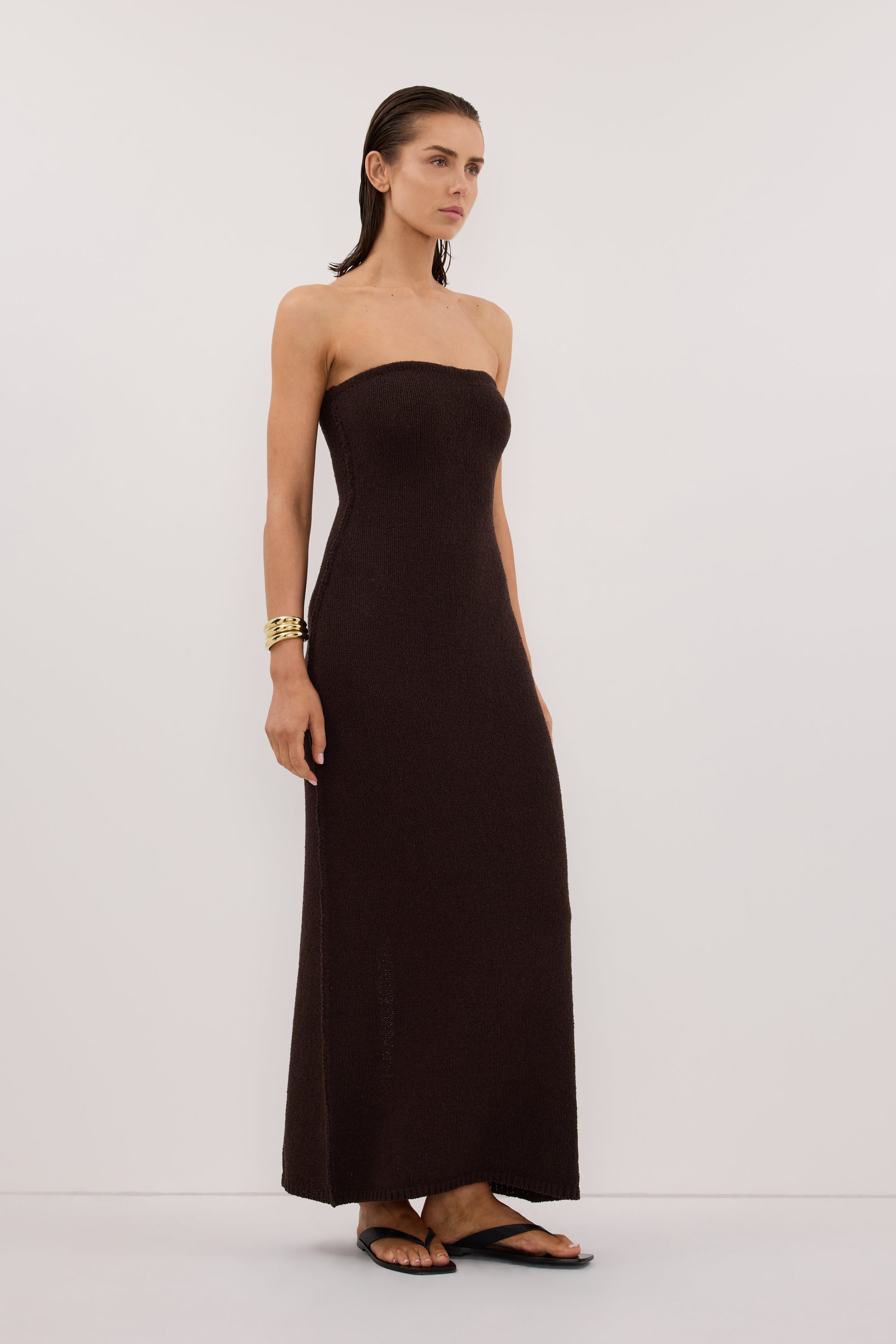 Kara Strapless Knit Midi Dress in Chocolate By DISSH Kara Strapless Knit Midi Dress in Chocolate By DISSH
