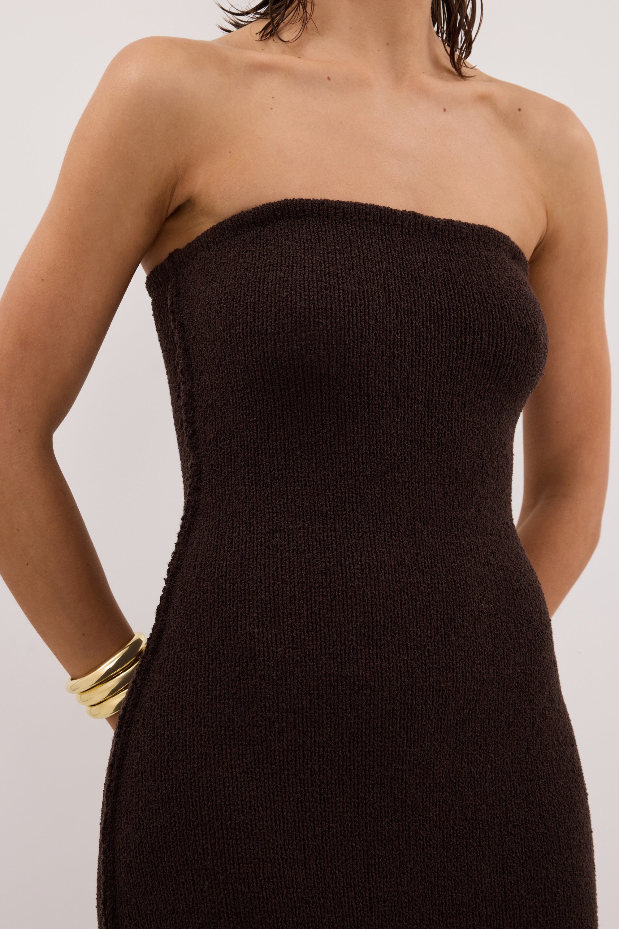 Kara Strapless Knit Midi Dress in Chocolate By DISSH Kara Strapless Knit Midi Dress in Chocolate By DISSH
