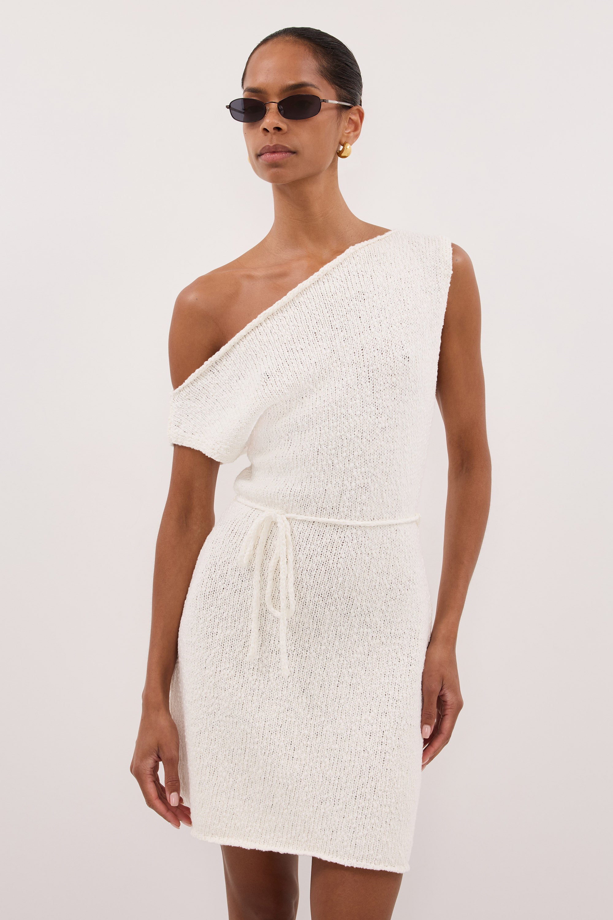 DINA OFF WHITE ASYM KNIT MINI DRESS - XS / OFF WHITE